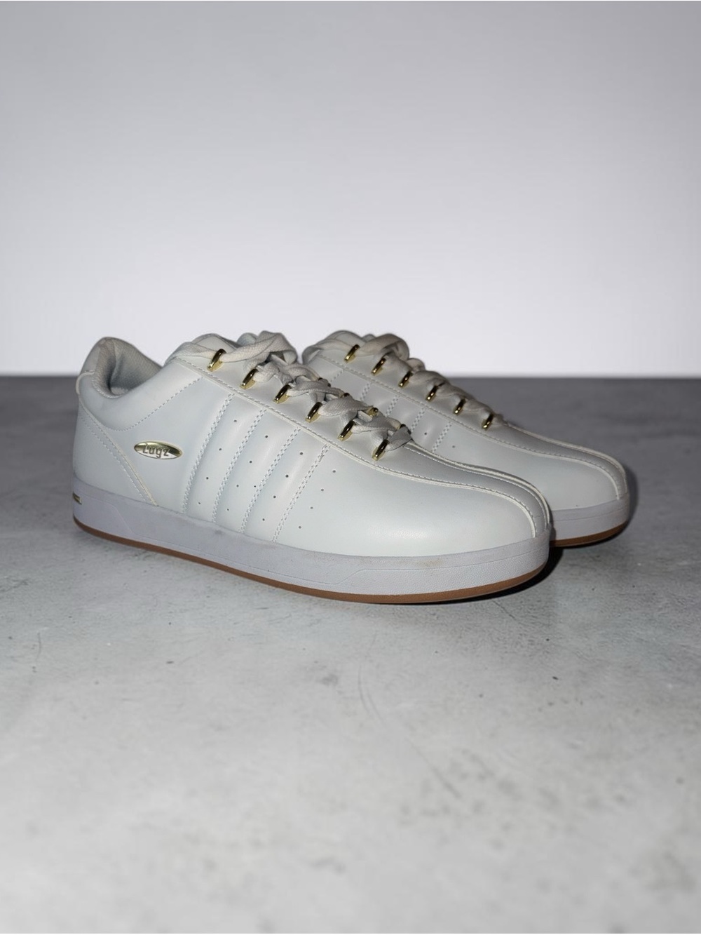 Lugz White Leather Athletic Sneakers with Gold Accents